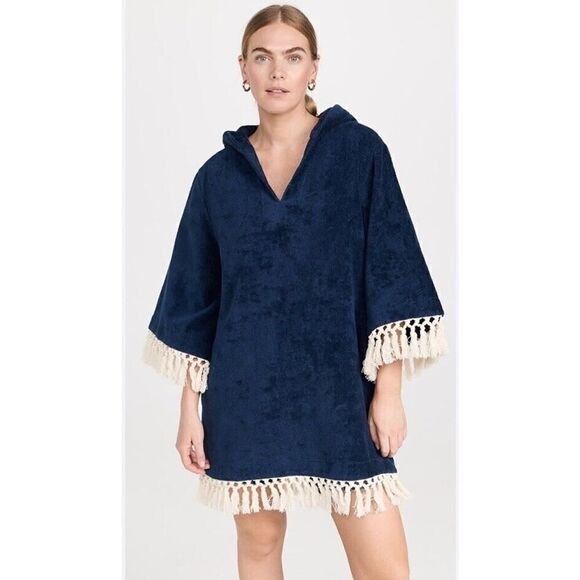 NWT S.E.A. NY Nautical Coverup Navy Blue with Fringe Hooded Large - Picture 2 of 9